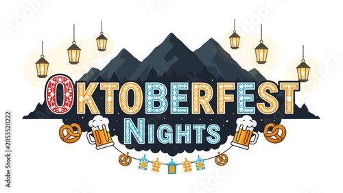 Tableau sur toile Oktoberfest Nights Celebration: A festive illustration depicts Oktoberfest Nights with iconic pretzels, frothy beer mugs, and illuminated lanterns set against a backdrop of imposing mountains