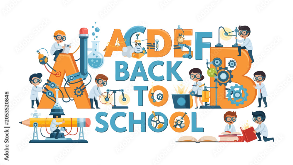 Fototapeta premium Science ABC: Animated children engage in scientific experiments surrounded by oversized alphabets and educational elements.