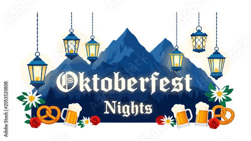 Canvas-taulu Oktoberfest Nights: A festive illustration for Oktoberfest, featuring Bavarian m