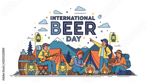 Foto International Beer Day Celebration: People enjoying beer and camping in the mountains, celebrating International Beer Day with joy and friendship around a campfire