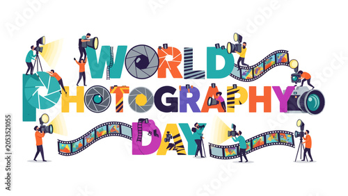 Obraz na płótnie World Photography Day Celebration: A vibrant graphic depicts the spirit of World Photography Day, with tiny people actively engaged in capturing moments using cameras, film strips, and lenses