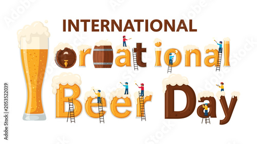 Fotografie Celebrate International Beer Day: A creative illustration depicts the festive spirit of International Beer Day with a large glass of beer, frothy mugs, a barrel