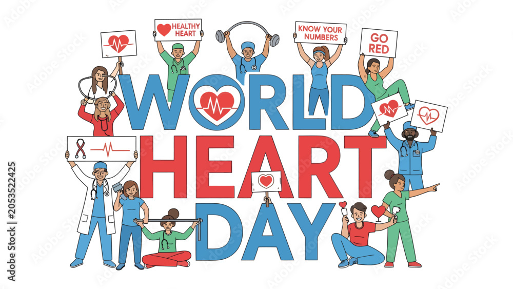 Fototapeta premium World Heart Day Celebration: A vibrant illustration depicts people of diverse backgrounds holding signs promoting heart health awareness for World Heart Day, encouraging exercise and healthy living.