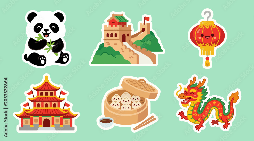 Naklejka premium Cute vector sticker collection featuring iconic chinese cultural symbols like a panda great wall lantern temple dumplings and a dragon