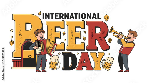 Fotografie International Beer Day Celebration: Festive illustration for International Beer Day featuring a jubilant man playing an accordion and another man playing a trumpet