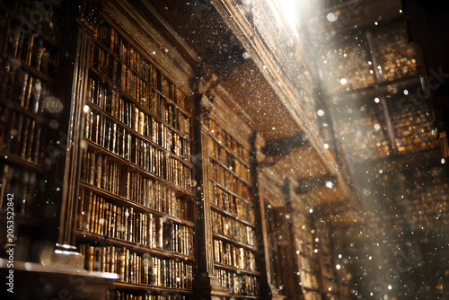 Magical library with towering wooden bookshelves filled with ancient books. Ethereal, shimmering light particles float through the dusty air, creating a dreamlike atmosphere.