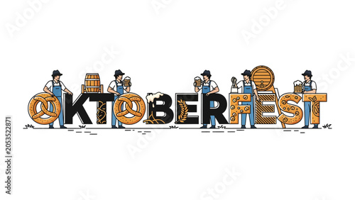 Oktoberfest Celebration with People and Pretzels: People dressed in Bavarian attire stand next to oversized letters that spell out Oktoberfest.