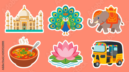 Photos Vibrant sticker set featuring indian cultural icons like taj mahal peacock eleph