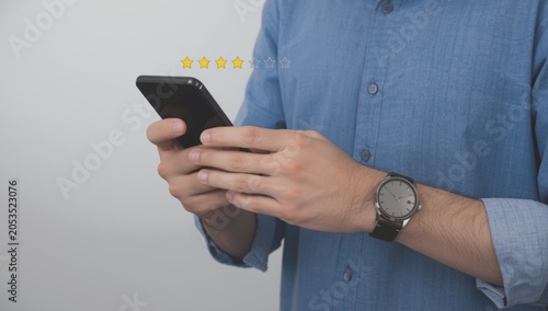 Man giving a five star rating on a smartphone screen to show great customer service and high quality product experience