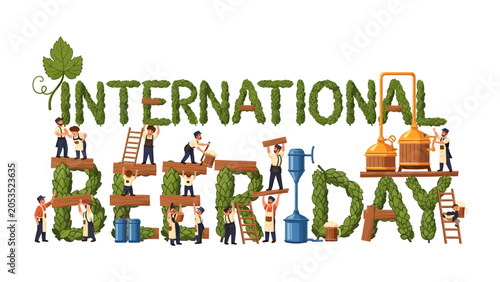 Obraz na płótnie International Beer Day Celebration: Tiny artisans meticulously construct the words International Beer Day using hops and barley, symbolizing the craft and tradition of brewing