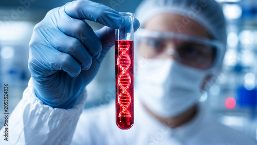 Scientist holding test tube with glowing DNA helix in red liquid for genetic research and biotechnology laboratory
