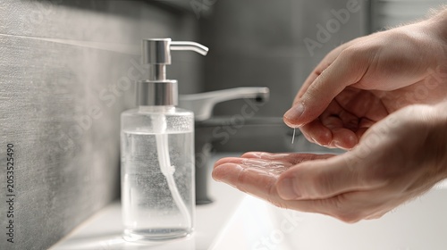 A man’s hands dispense liquid soap from a modern dispenser before washing, set in a minimalist bathroom, illustrating cleanliness, hygiene, and a detailed care routine in a realistic commercial style.