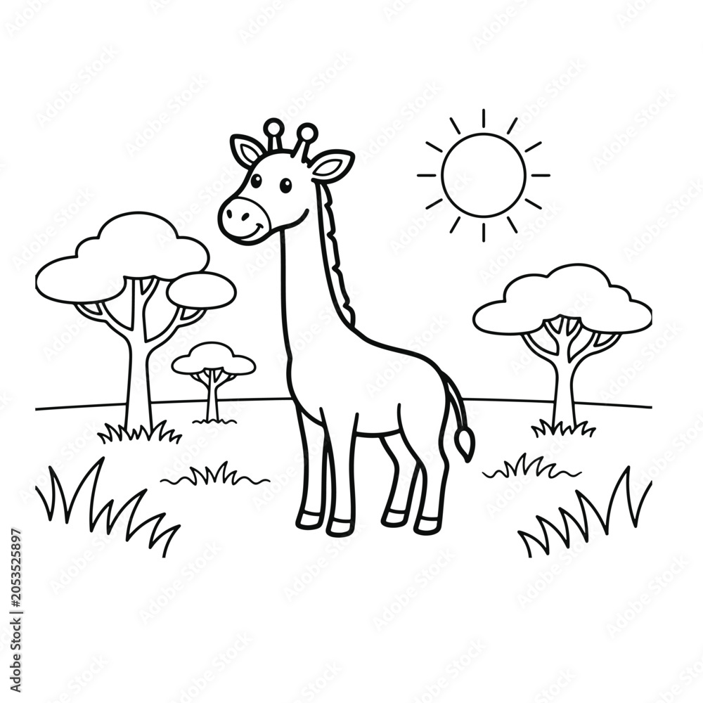 Fototapeta premium Vector illustration of a giraffe standing in a savannah landscape with trees and sun