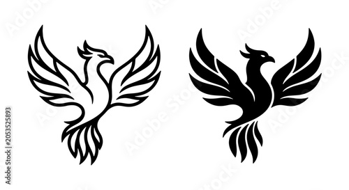 Cuadro en lienzo Phoenix Vector Icons, Mythical Bird Symbols, Fire Bird Graphics, Black and White