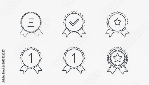 Set of six black outline award badges with ribbons and symbols for quality achievement and first place rankings