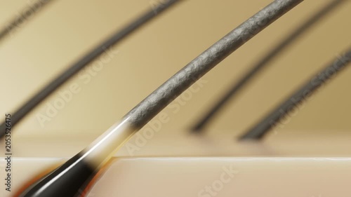 3D animation showing a golden serum drop absorbing into the scalp surface around a hair follicle. The nutrient spreads through the area, leaving the hair smoother, shinier, and healthier.
