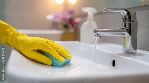 A person scrubbing a bathroom sink with a sponge and disinfectant, focusing on hygiene, sparkling cleanliness, and a detailed home care routine
