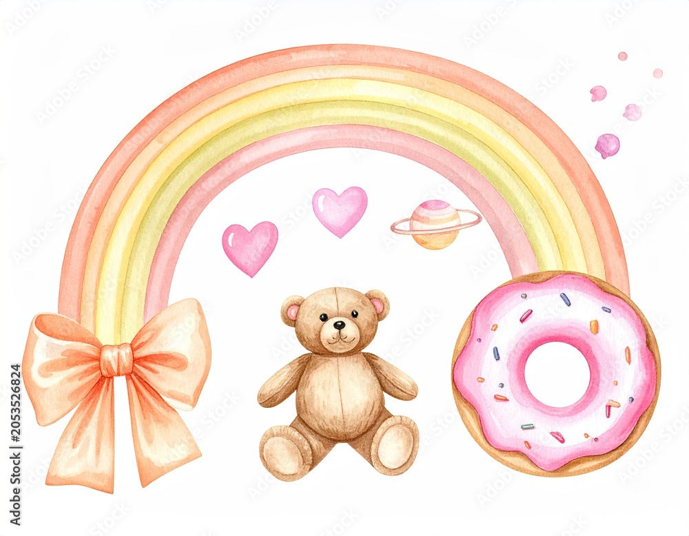 Fototapeta premium Adorable watercolor-style illustration, featuring a rainbow, teddy bear, donut, and hearts
