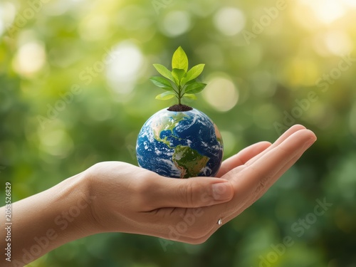A small green plant growing on top of a tiny earth globe held in a person hand with a soft natural bokeh background
