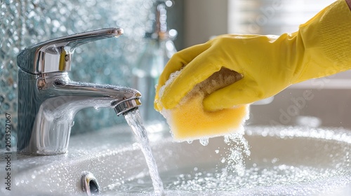 A person scrubbing a bathroom sink with a sponge and disinfectant, focusing on hygiene, sparkling cleanliness, and a detailed home care routine
