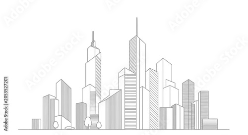 Minimalist line art city skyline illustration, modern urban landscape with skyscrapers and generic buildings, vector drawing