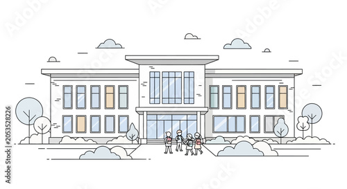 Modern educational building exterior with students in front, minimalist line art illustration of a school or university campus.