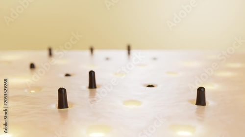 3D animation showing nutrient capsules absorbing into the scalp and hair roots. The process promotes hair growth, resulting in longer, fuller, and shinier hair strands.