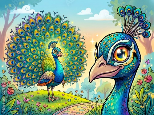 Peacock Holding a Large Cartoon Eye Outdoors