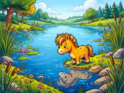 Small Pony Standing Beside a Lake in Peaceful Nature