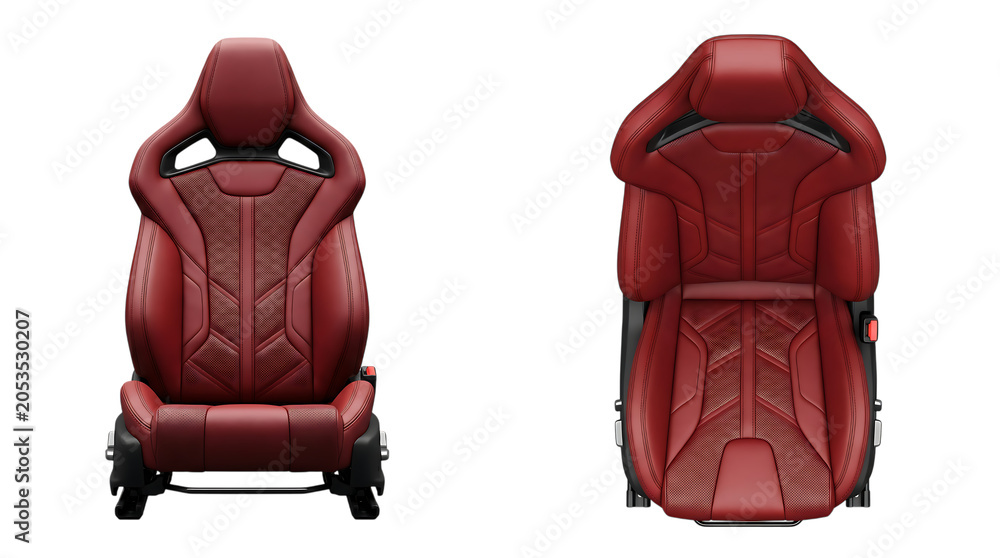 Fototapeta premium Luxury red leather racing car bucket seat with premium stitching and ergonomic support structure isolated on transparent background for automotive interior design and simulation gaming setup display.