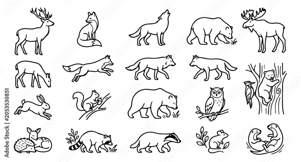 Fototapeta premium Minimalist forest animal line art icons, set of 20 woodland wildlife vector illustrations, black outline wild animal sketches for nature branding