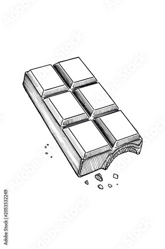A hand drawn sketch of a chocolate bar with a bite taken out of it
