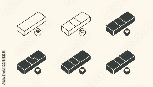 Set of isometric block icons with heart symbols in various styles for user interface design and web application graphics