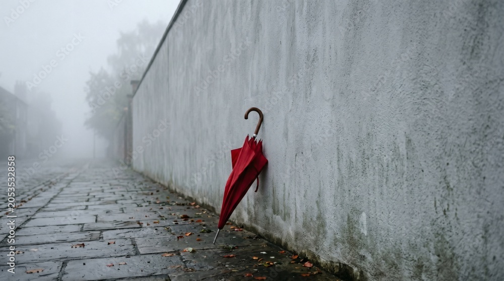 Naklejka premium A red umbrella leaning on a wall on a rainy day.