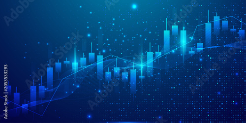 Tableau sur toile Abstract financial background with stock market candle chart and glowing digital data flow
