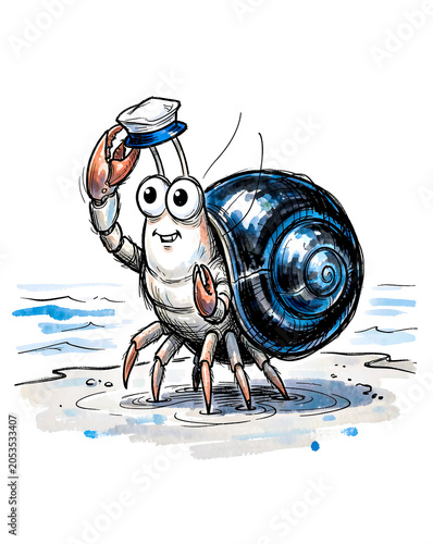 Hermit Crab Waving Cheerfully in Marine Ink Illustration