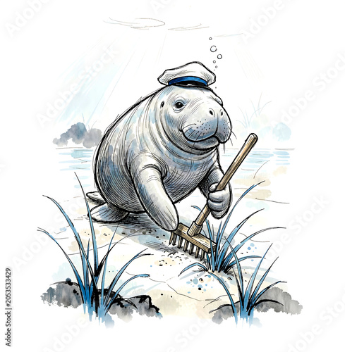 Manatee Gardening Coastal Meadow in Gentle Ink Illustration