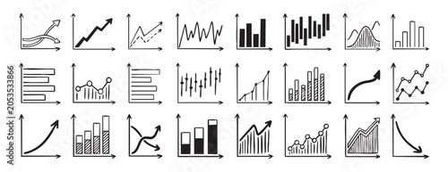 Graph data icons set collection doodle hand drawn icon. Outline drawing chart line clipart symbol.