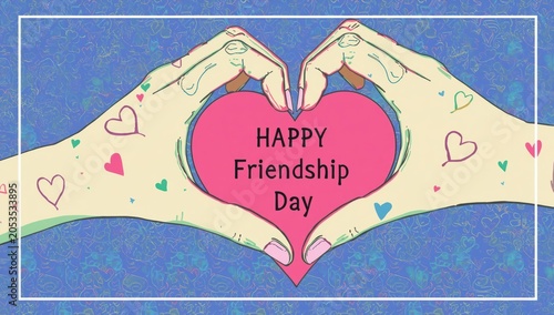 Two hands making a heart shape with Happy Friendship Day text on a blue background for a creative greeting card design
