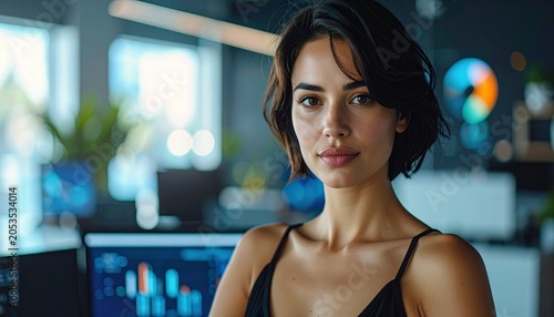 portrait of a brunette woman with short hair wearing a black summer dress in a modern office with a large virtual dashboard 