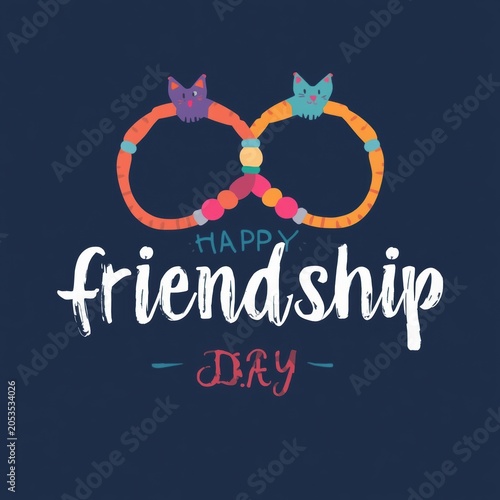 Happy Friendship Day greeting card design with colorful infinity symbol and cute cat heads on a dark blue background