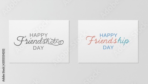 Two creative greeting cards with Happy Friendship Day text written in elegant cursive script and colorful typography