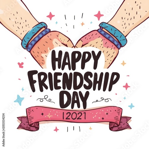 Happy Friendship Day 2021 celebration illustration with two hands joining together and a decorative pink ribbon banner