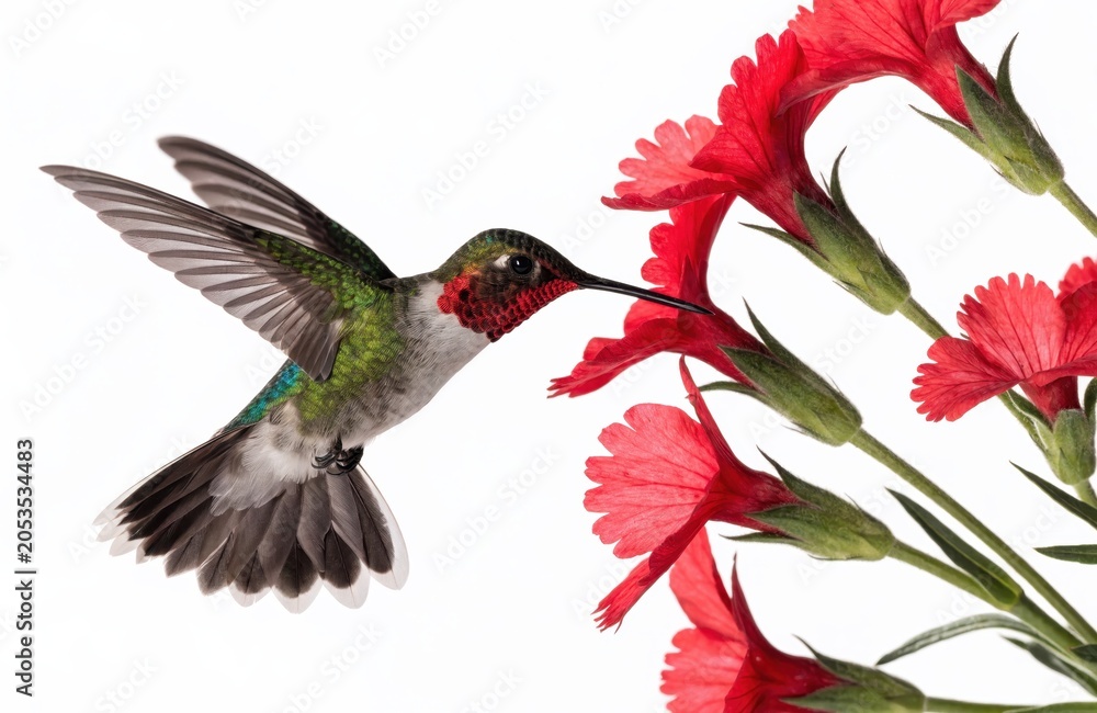 Obraz premium Ruby-throated Hummingbird Hovering and Feeding on Bright Red Flowers Isolated on White Background