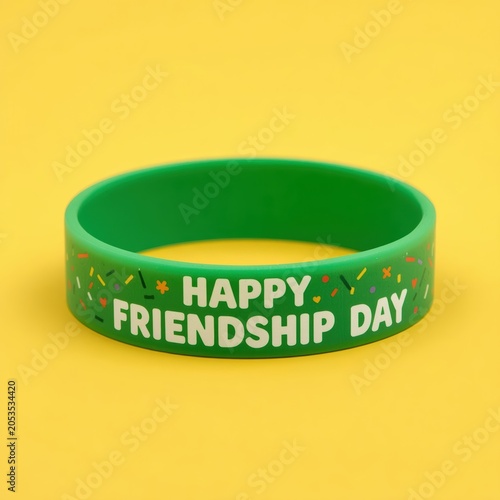 Green rubber wristband with the text Happy Friendship Day written on it for a celebration or special event accessory