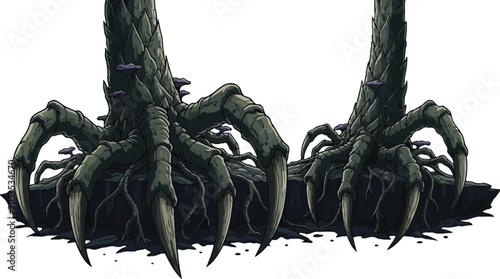 Tree roots transformed into massive sharp claws emerge from the soil to haunt the forest.