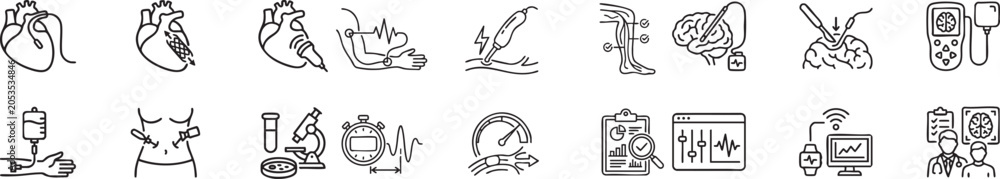Fototapeta premium Medical research and health care line icons set. hospital treatment, diagnostics, and recovery symbols. neurology and cardiology concept
