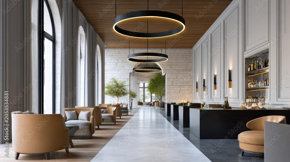 Naklejka premium Luxury hotel lobby modern interior lounge bar chandelier with arched window, ring pendant lighting, marble floor, beige seating, calm mood
