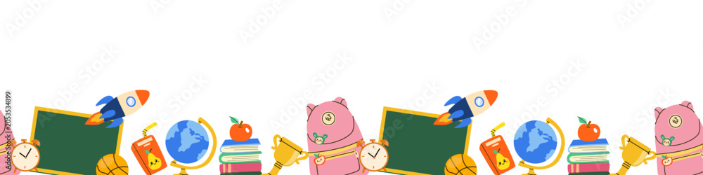Fototapeta premium Cute Back to School supplies border, flat vector illustration. School stationery, book and apple, backpack, science background.