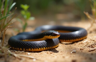 Black Copper Rat Snake coils on dry ground with yellow markings visible. Serpent has dark scales and yellow throat. Wildlife in natural habitat, close-up reptile macro shot.